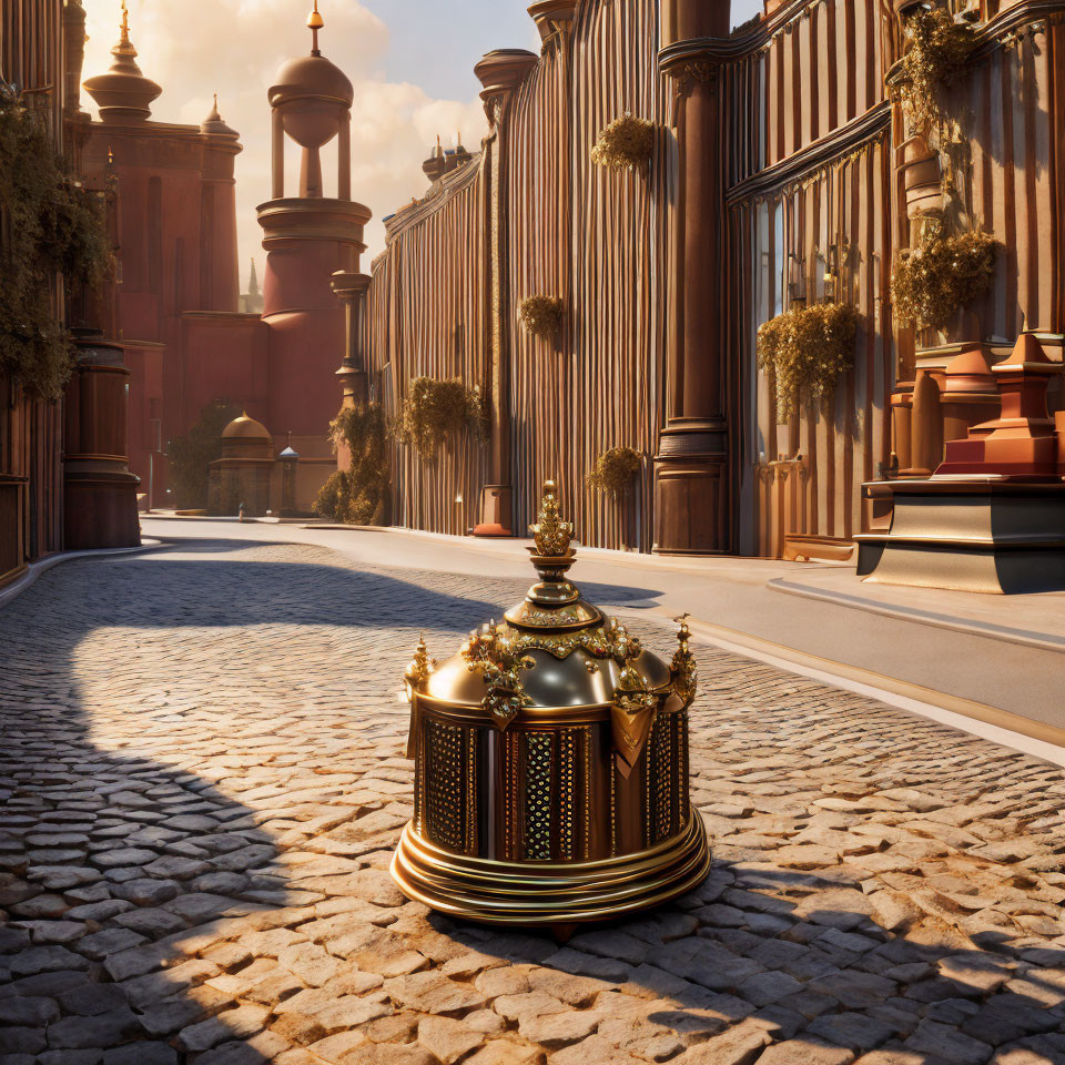 Golden ornate street lamp on cobblestone path surrounded by greenery and classical architecture with tall brown