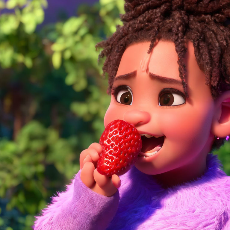 Dark-skinned girl in purple sweater with curly hair about to bite strawberry