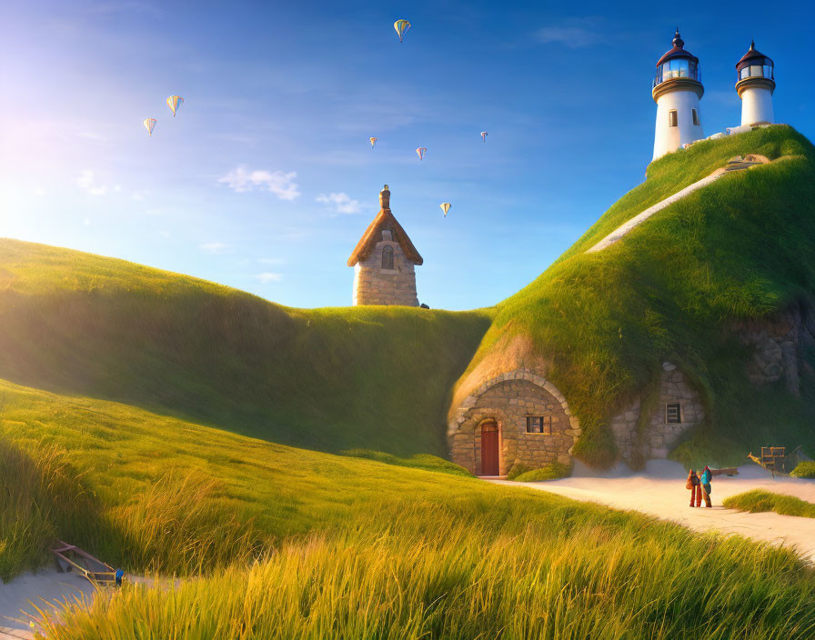 Lighthouse, Cottage, and Hot Air Balloons in Whimsical Landscape