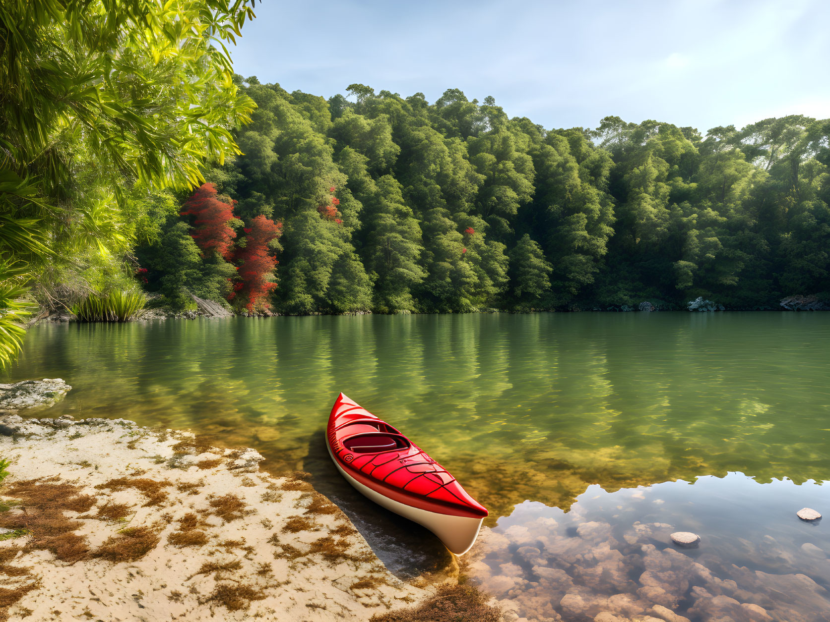 Red Kayak on Sandy Shore of Tranquil Tree-Lined Lake