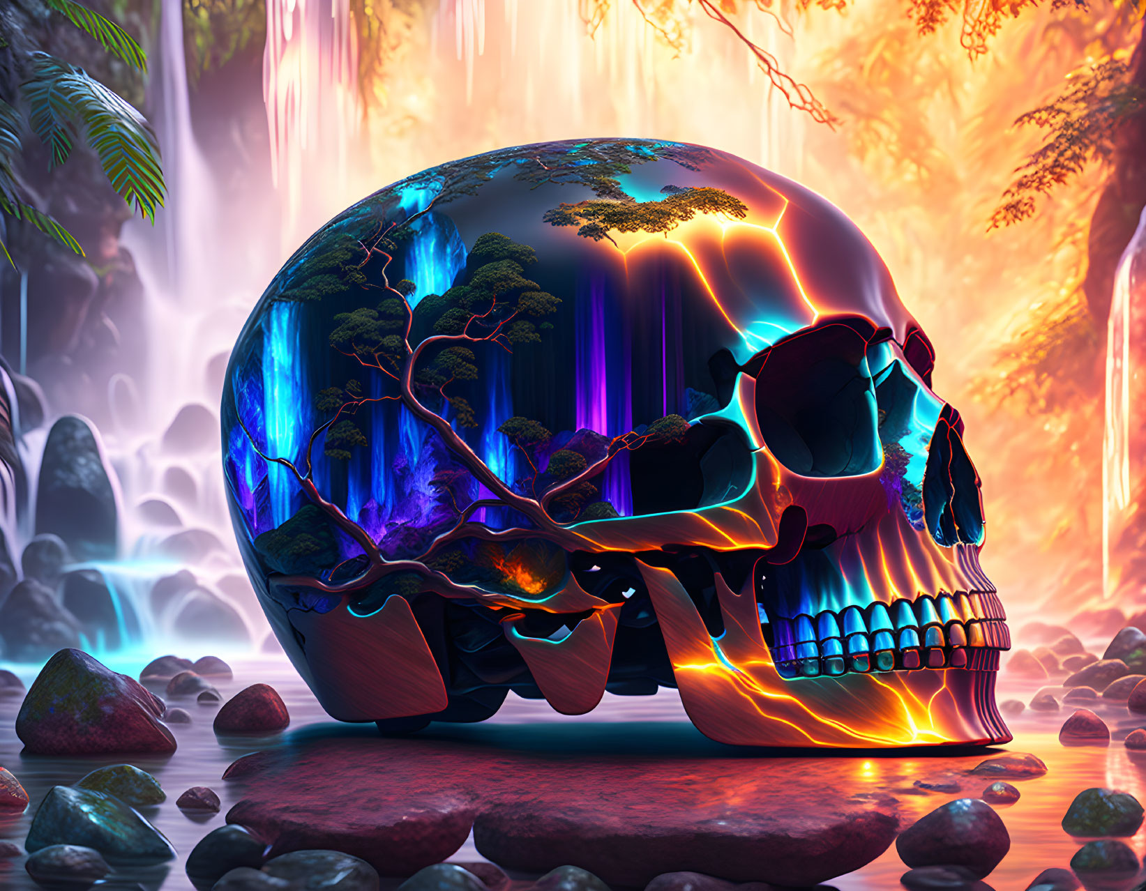 Neon-lit skull with forest and waterfall reflection in rocky landscape