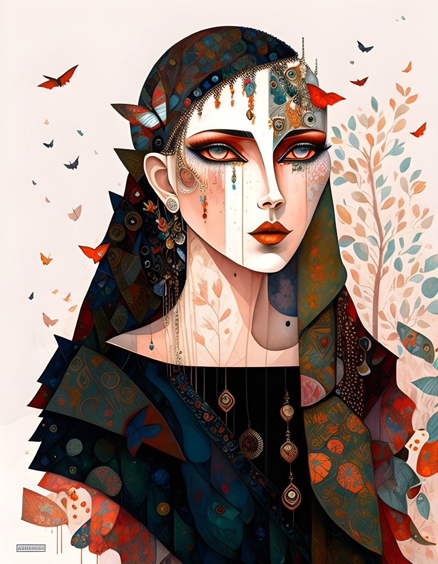 Detailed illustration of woman in ornate headgear and makeup amid stylized nature in red, orange,