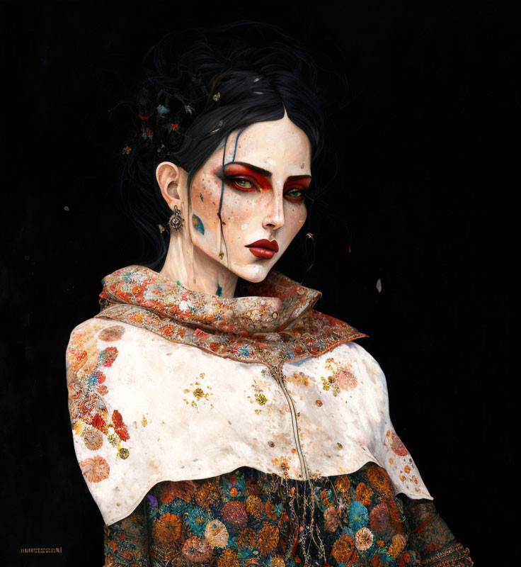 Gothic-inspired woman with pale skin and red eye makeup in ornate floral garment