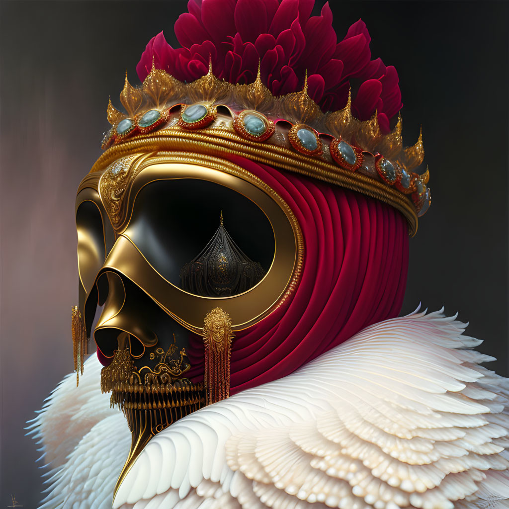 Elaborate Gold Face Mask with Red and White Patterns and Feathered Shoulders