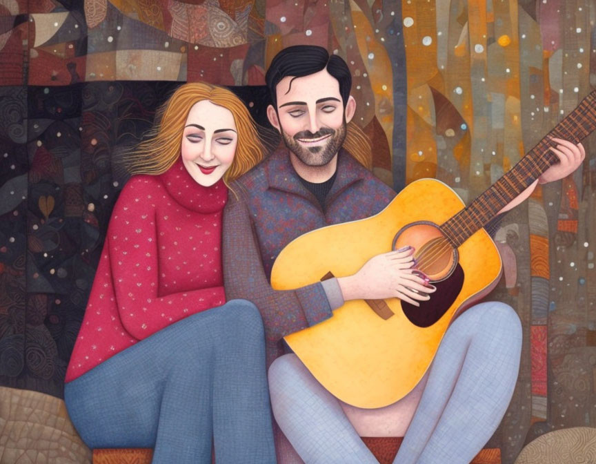 Happy couple in illustration playing guitar, woman leaning on man, smiling, with patterned background.