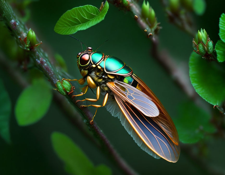 Iridescent Fly on Green Stem with Intricate Wing Pattern