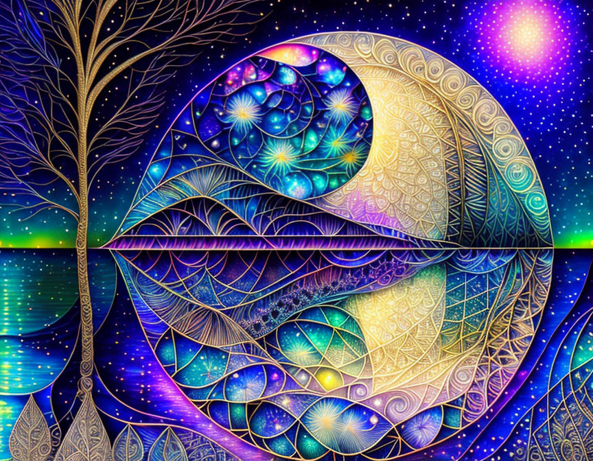 Colorful Yin Yang Symbol Artwork with Tree Silhouette & Cosmic Elements