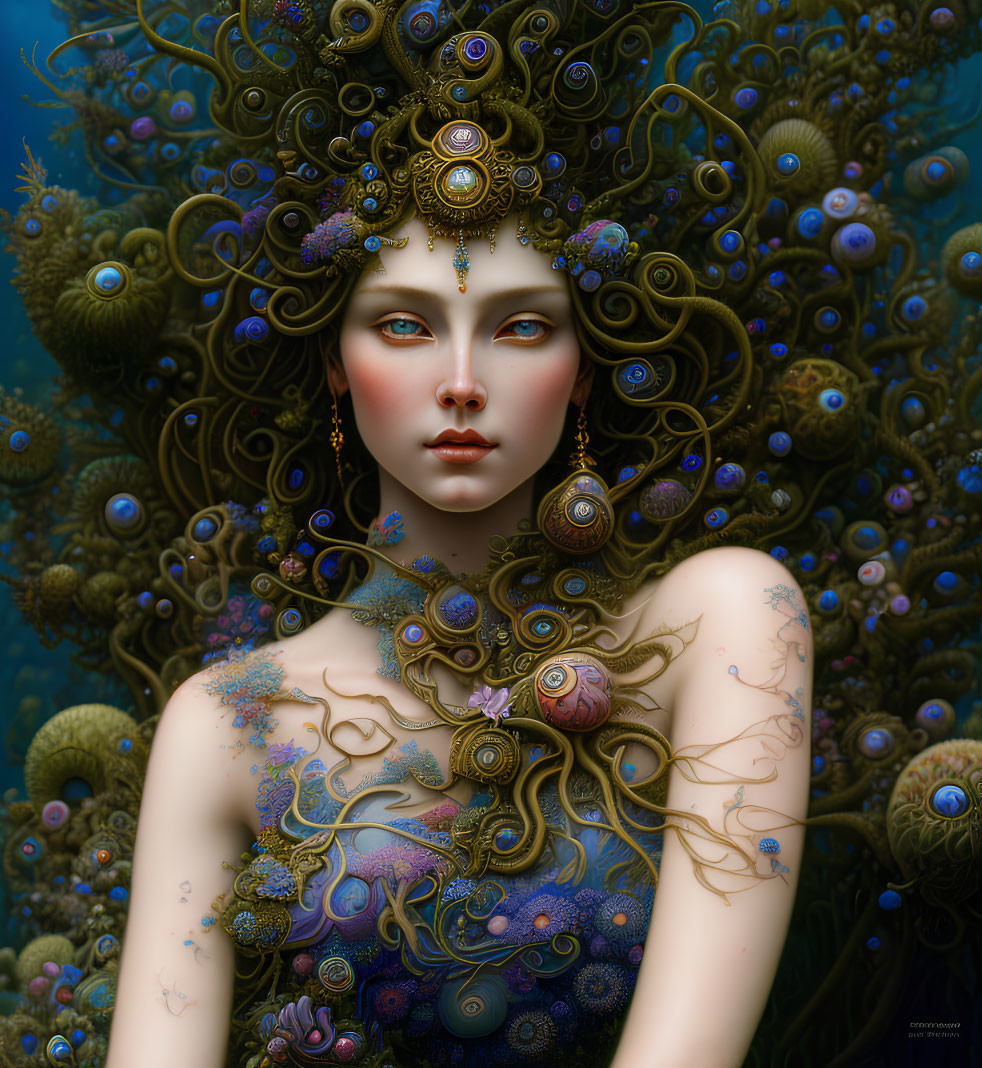 Elaborate Female Figure with Ornate Hair and Jewelry in Vivid Blue Tones