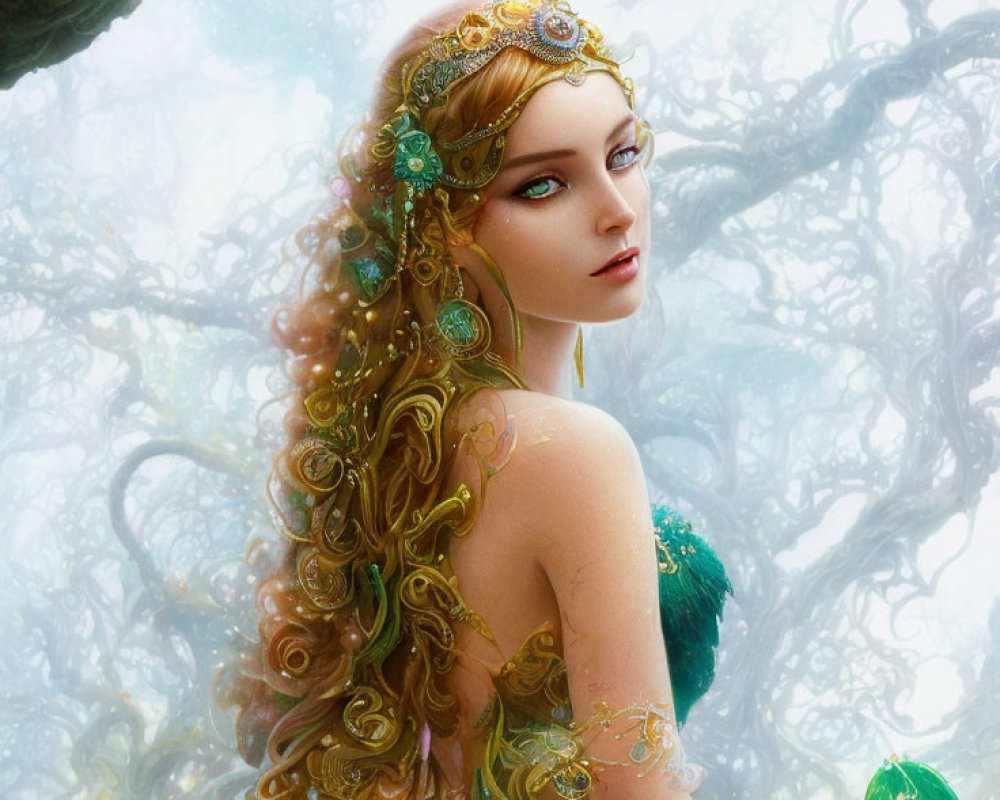 Illustrated fantasy female character with ornate gold-and-emerald headpiece in ethereal forest