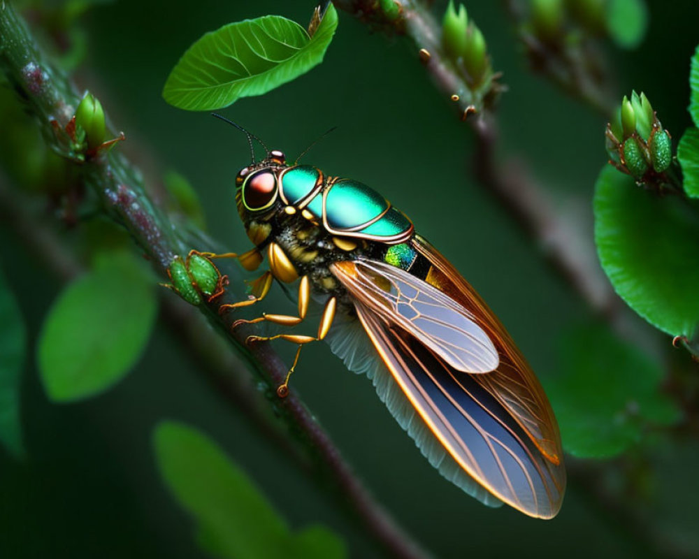 Iridescent Fly on Green Stem with Intricate Wing Pattern