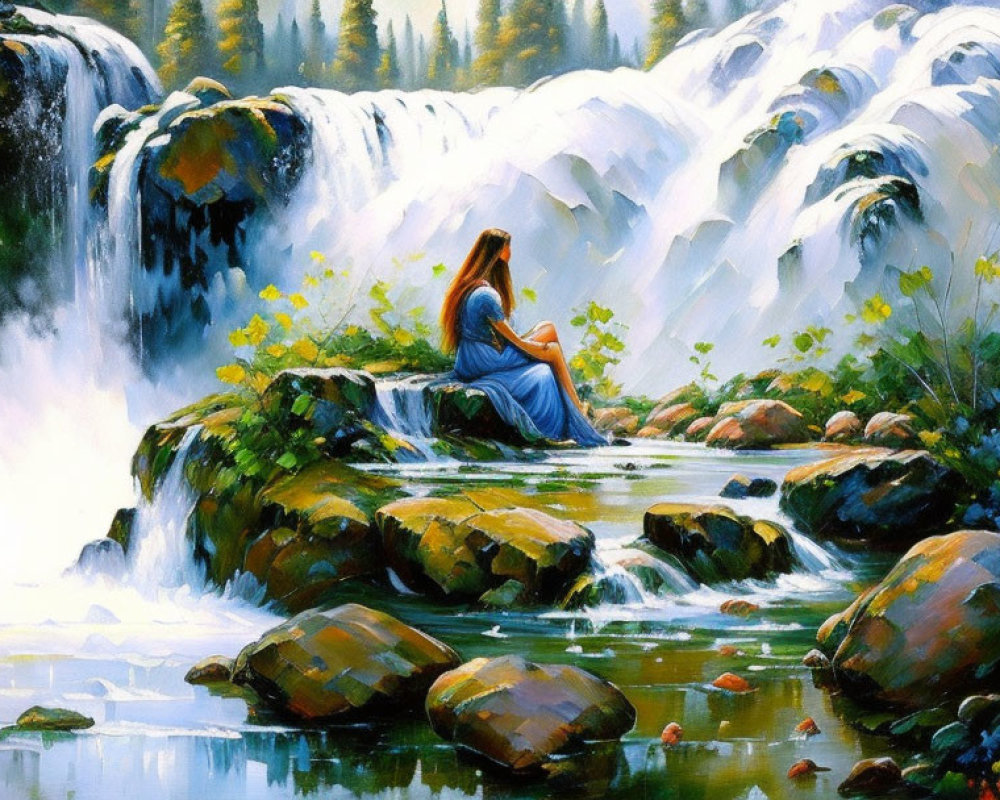 Woman in Blue Dress Contemplating by Vibrant Waterfall