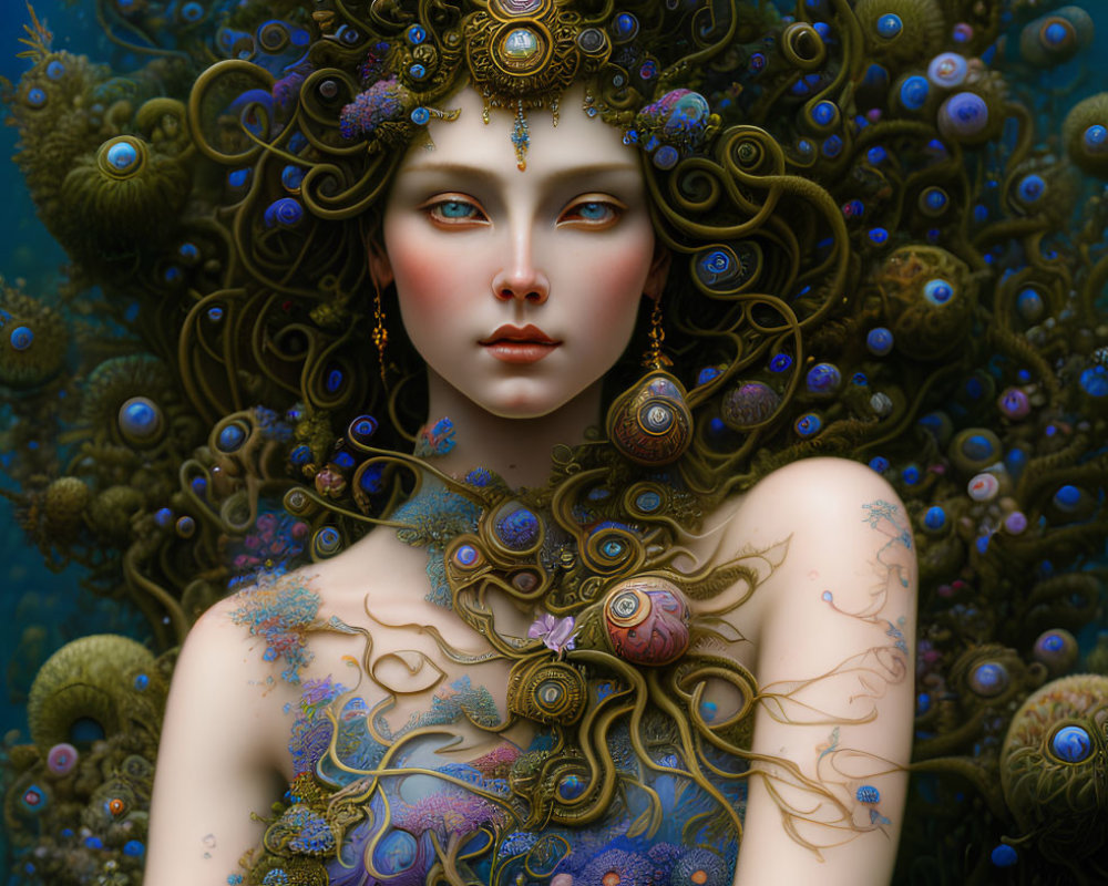 Elaborate Female Figure with Ornate Hair and Jewelry in Vivid Blue Tones