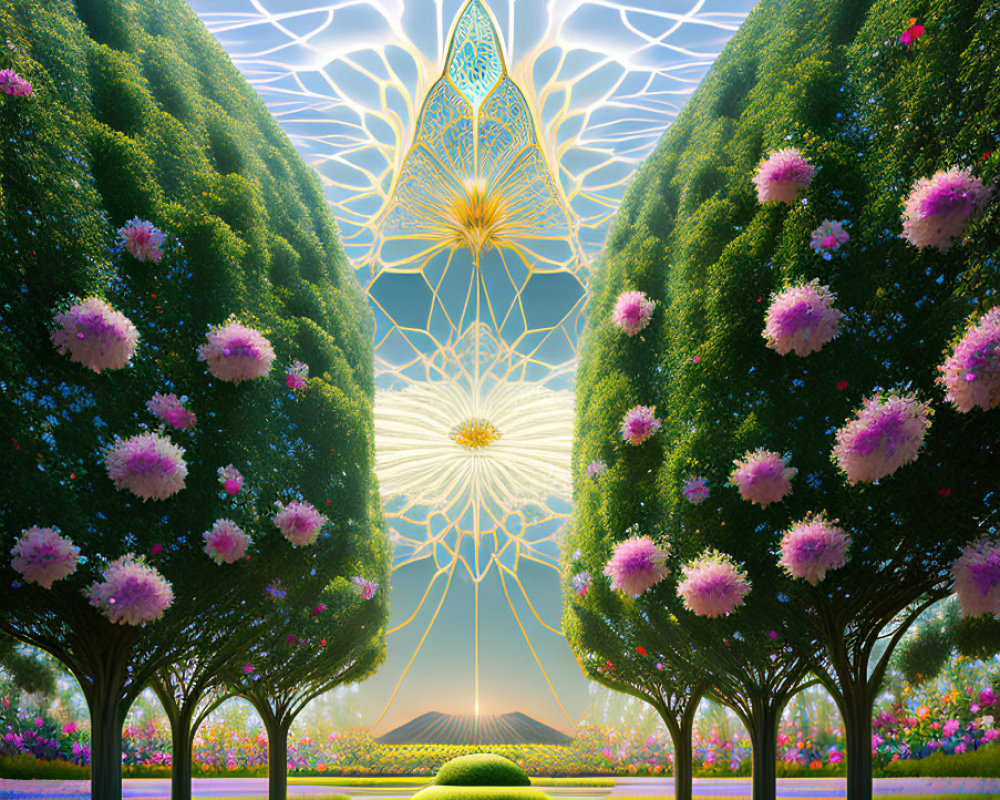 Symmetrical garden with blooming trees and geometric light structure