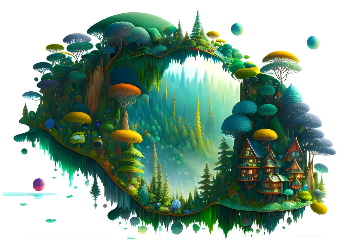 Enchanting forest scene with floating island, mushrooms, greenery, house, and blue orbs