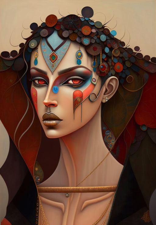 Woman with Stylized Makeup and Ornate Headpiece in Earthy Tones