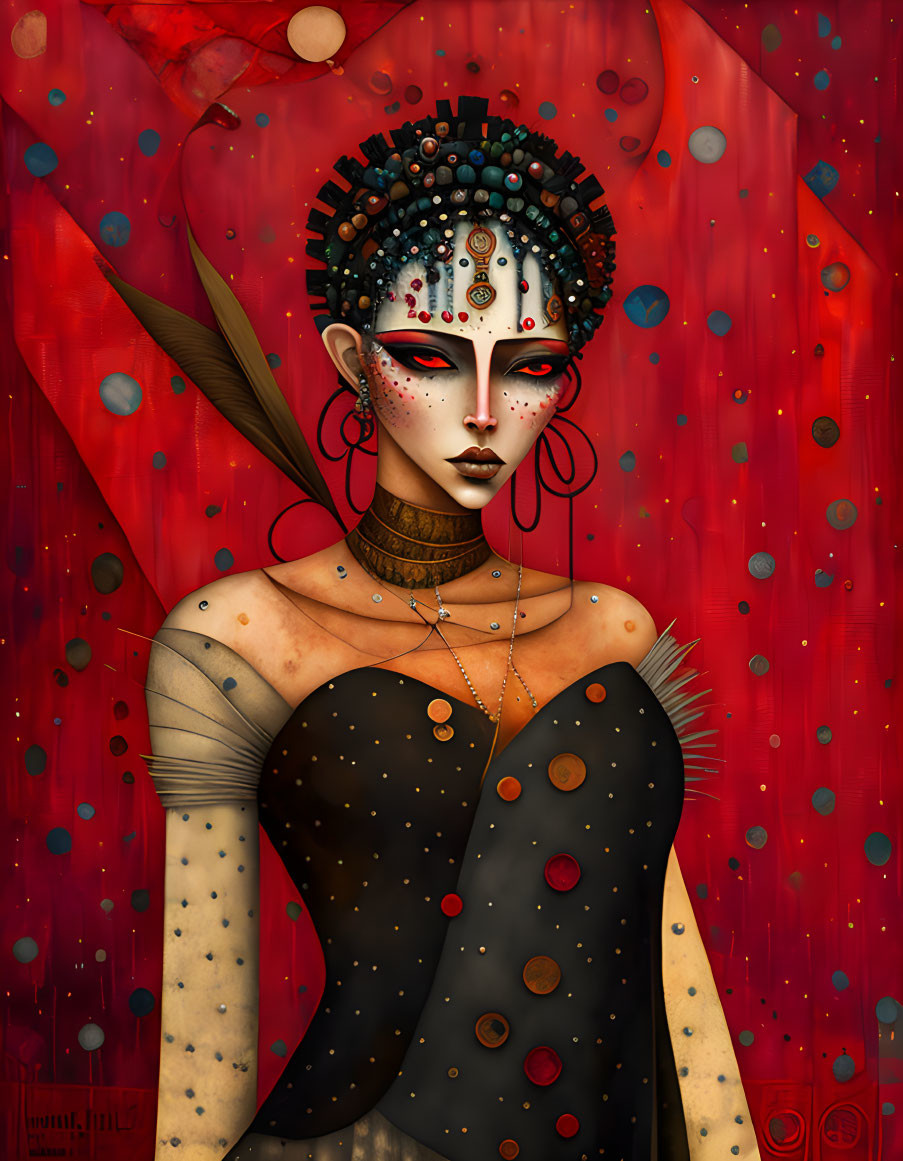 Stylized woman portrait with intricate headwear and bold black dress