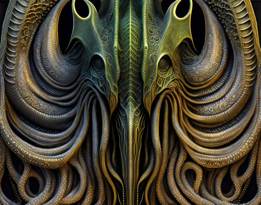 Intricate Metallic Fractal Art: Gold and Black Spiraling Designs