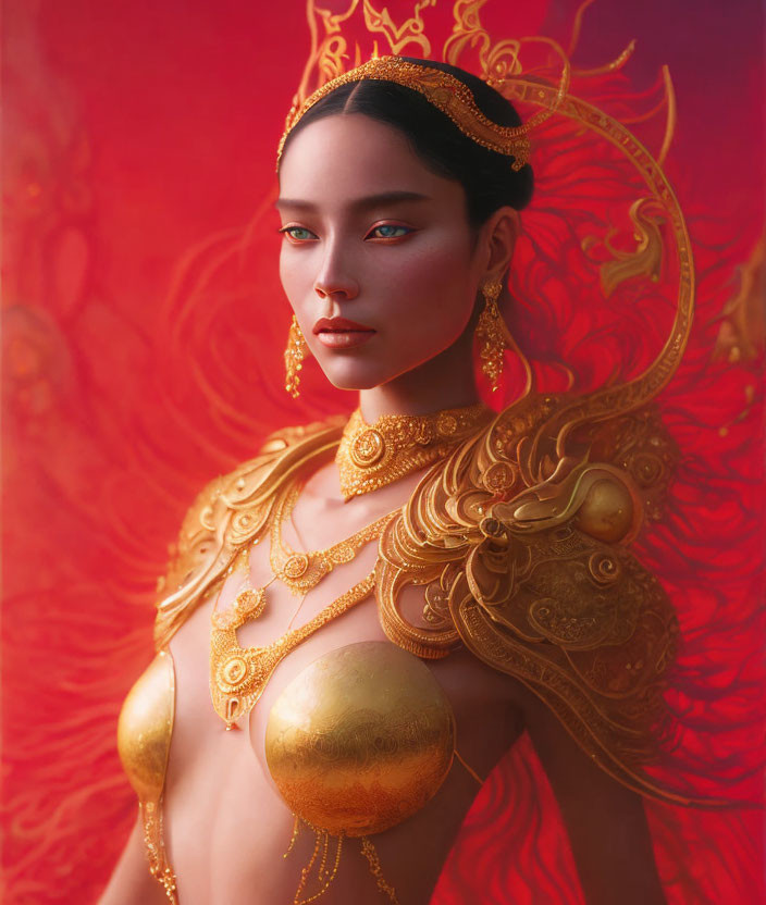 Stylized portrait of a woman in gold jewelry against fiery red backdrop