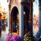 Colorful Street Scene with Ornate Lamps, Floral Architecture, and Twilight Reflections