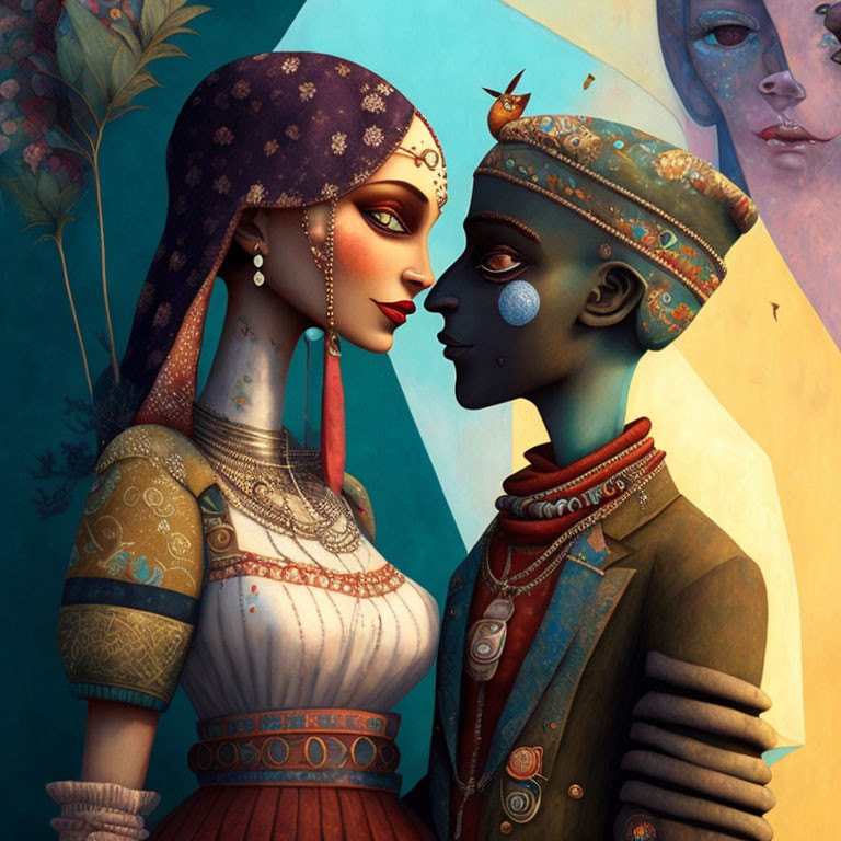 Stylized characters in regal attire with intricate face paint in intimate moment