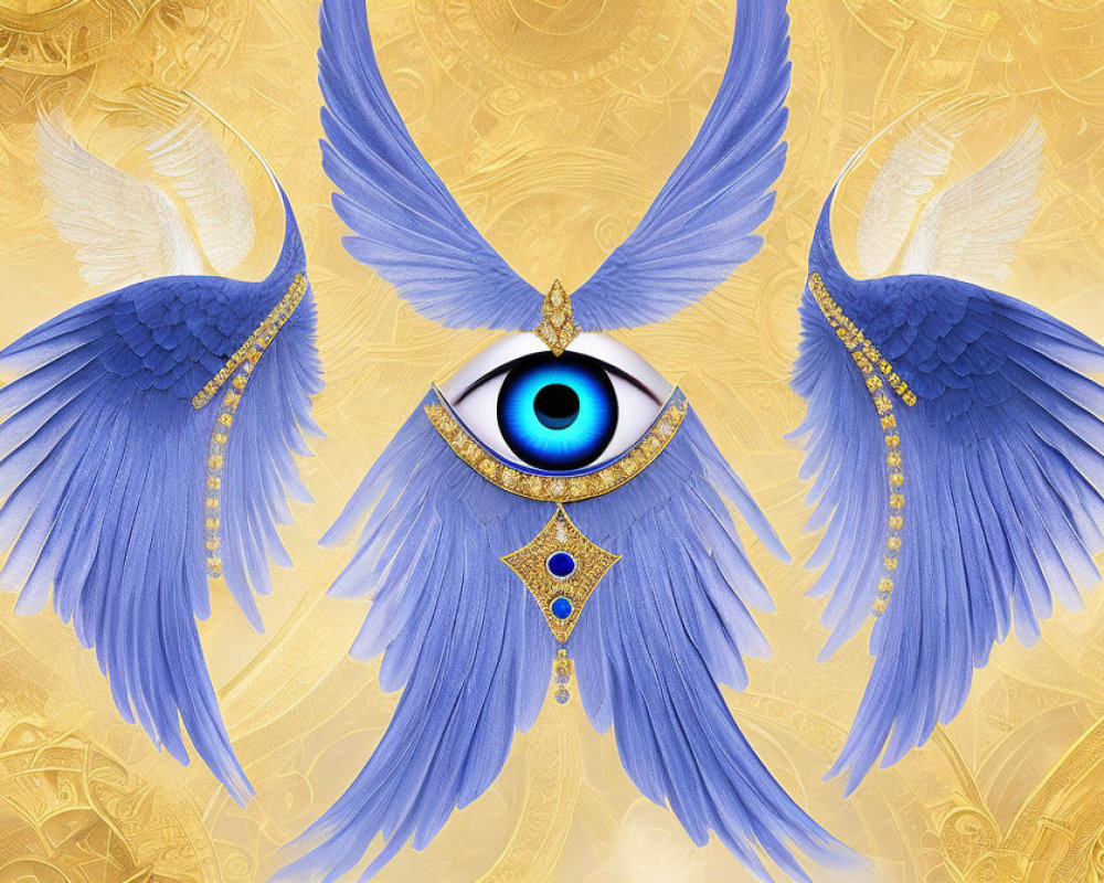 Symmetrical Blue Wings with Gold and Sapphire Eye on Golden Background