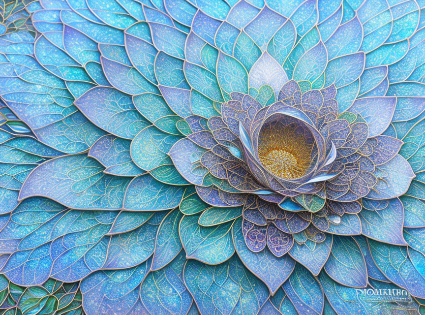 Detailed fractal-like blue and teal mandala with layered petals