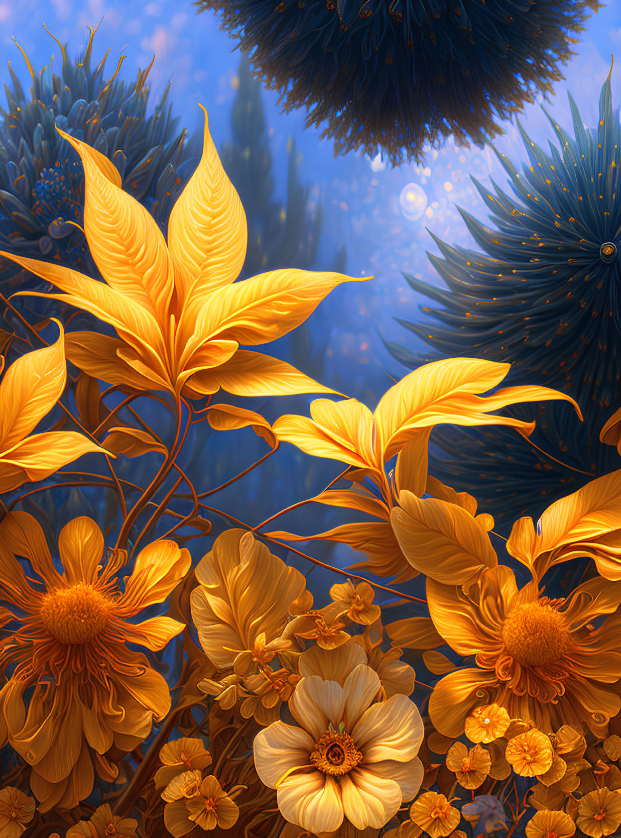 Detailed yellow flower illustration with blue foliage and luminescent orbs.