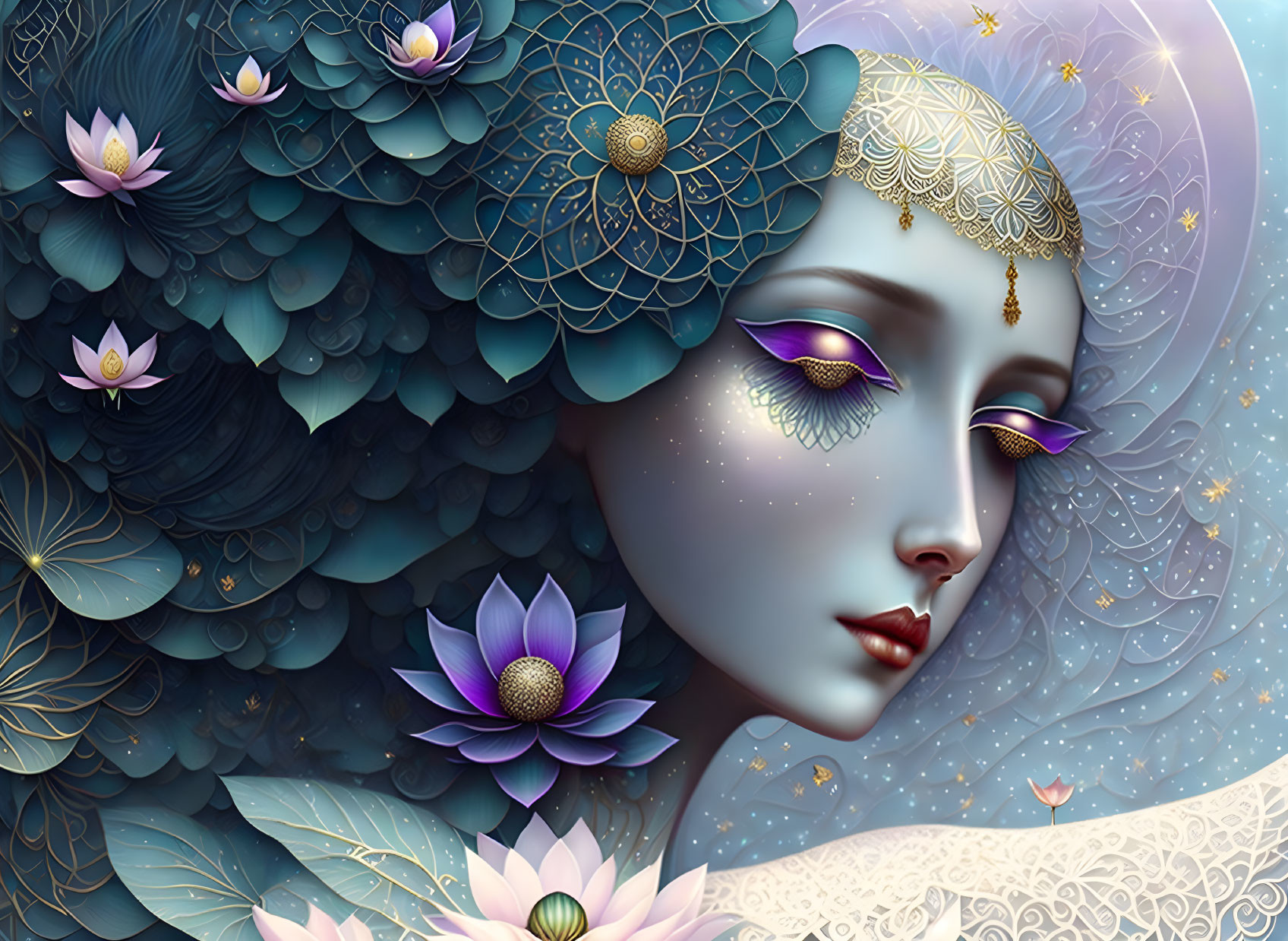 Illustration of Woman with Blue Skin and Gold Headdress Among Lotus Flowers