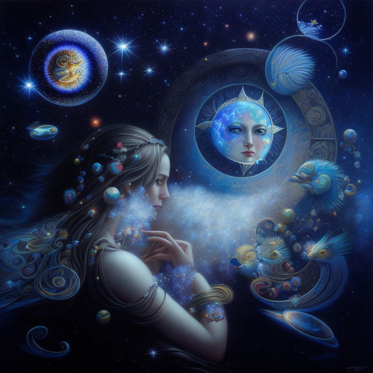 Woman with flowing hair gazes at spiral galaxy and celestial bodies in starry scene