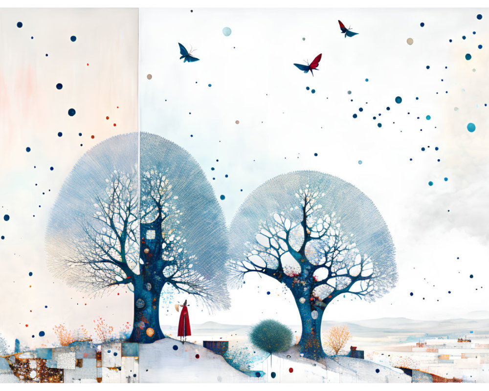 Whimsical artwork: Large trees, snow-like specks, figure in red cloak