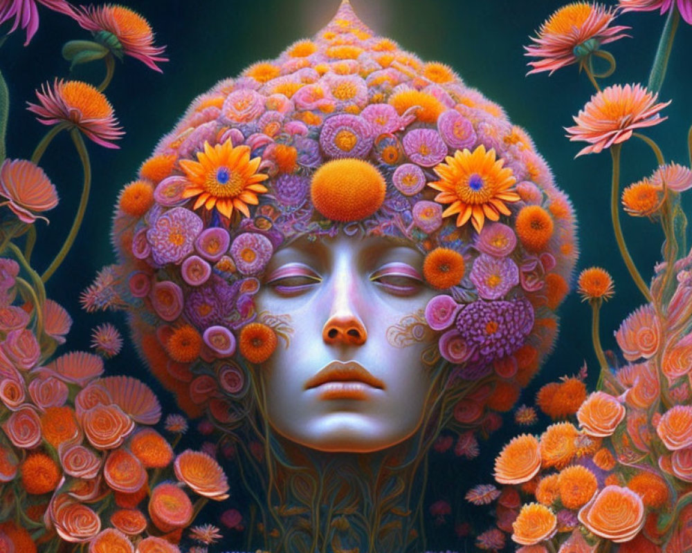 Surreal face illustration with calm expression and vibrant flowers on dark background