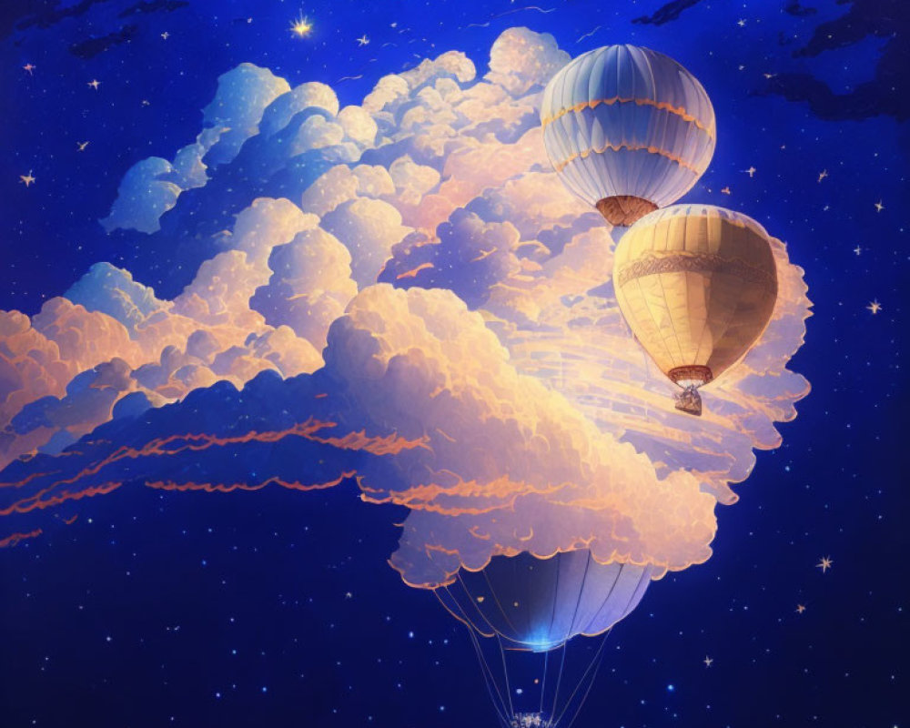 Hot Air Balloons Drifting in Twilight Sky with Fluffy Clouds