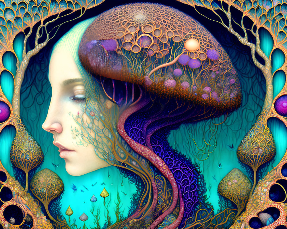 Surreal woman with jellyfish-like structure in vibrant blue and gold tones