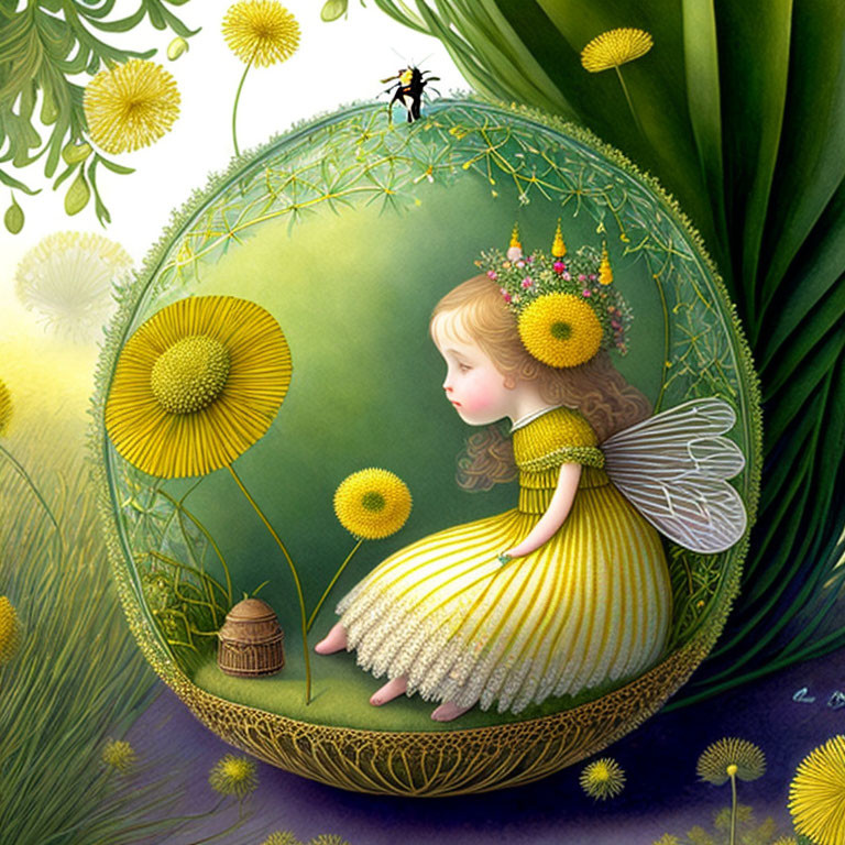 Whimsical fairy girl in dandelion puff with flowers and bee