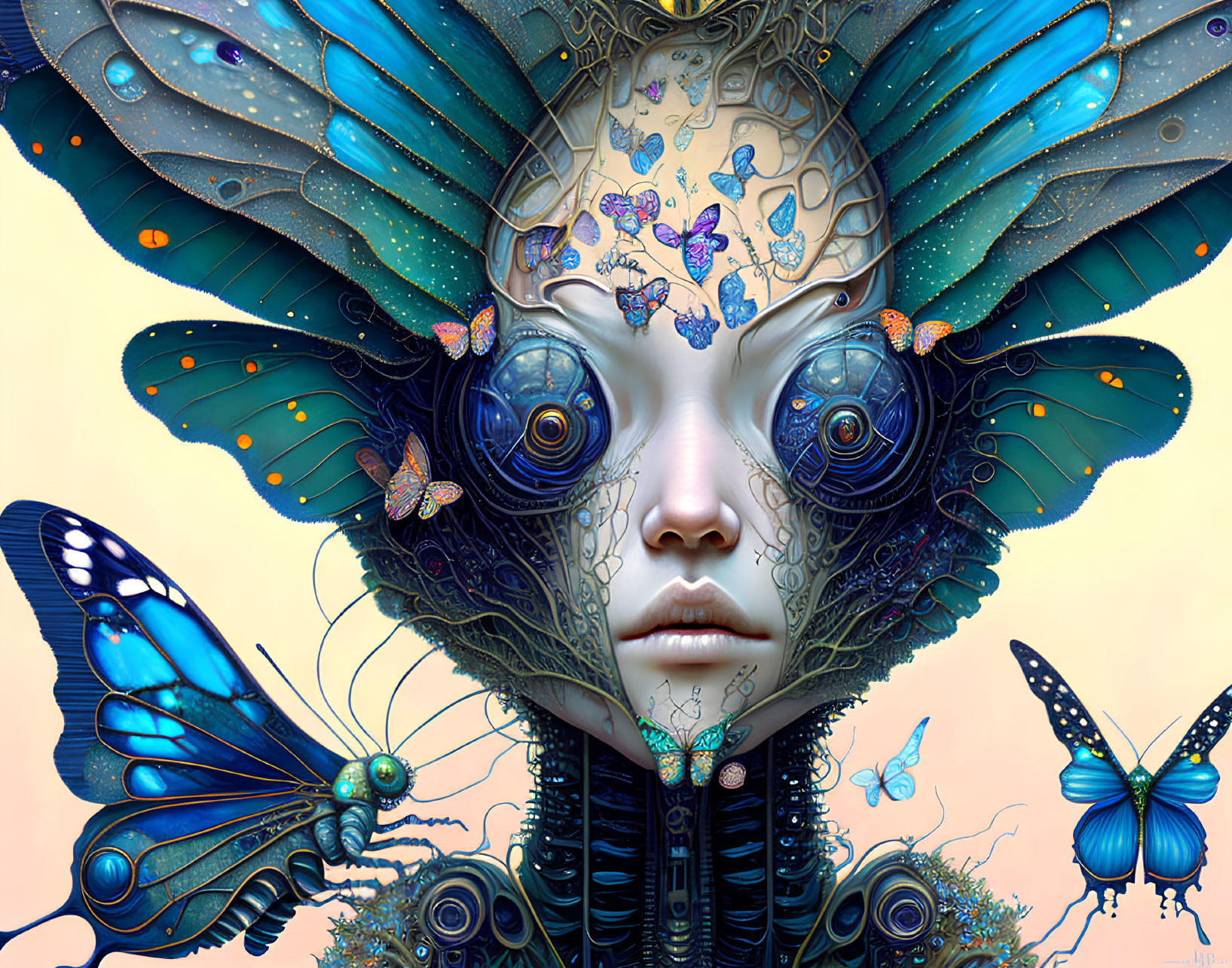 Surreal portrait of humanoid with butterfly wings and intricate patterns