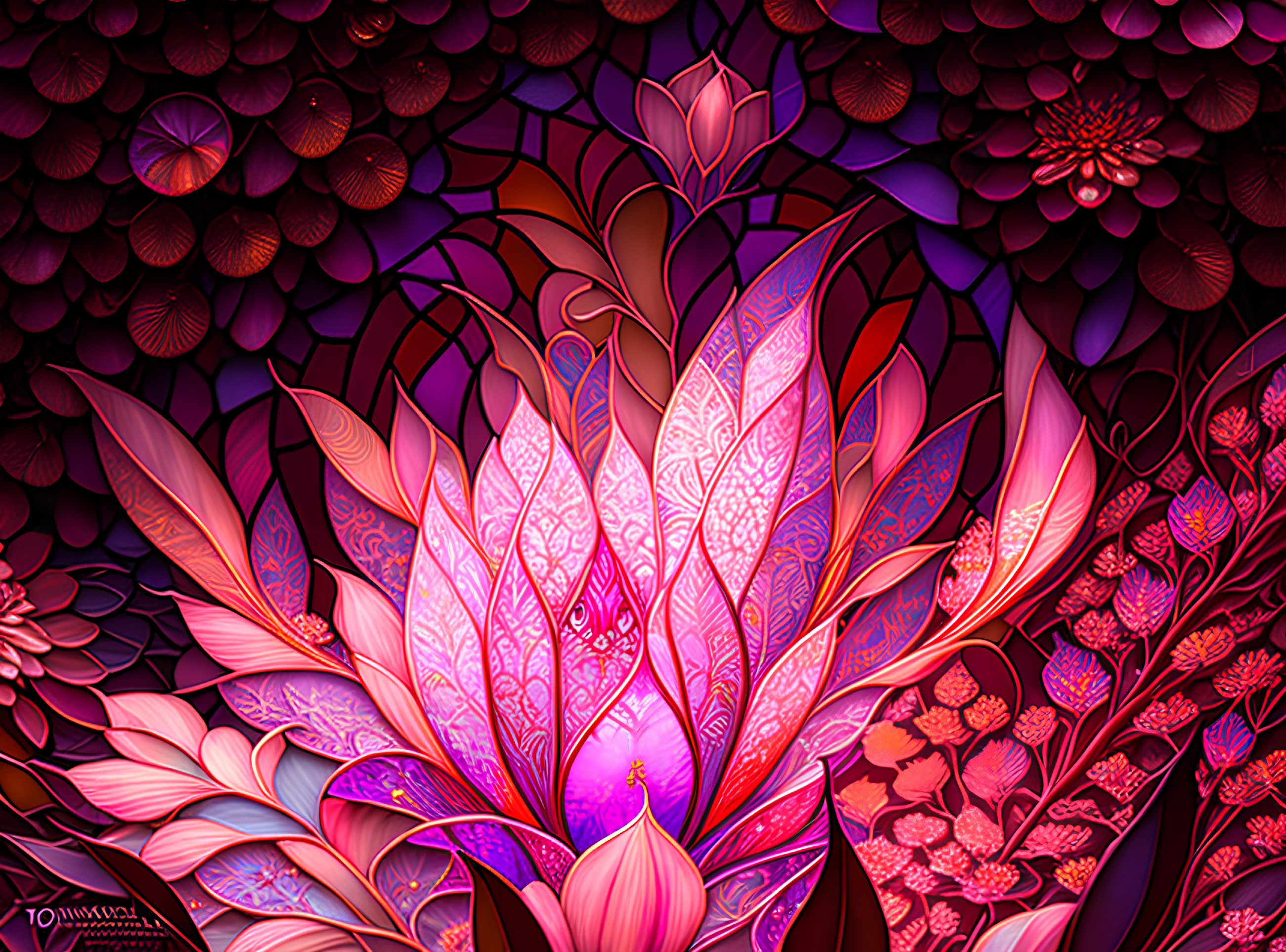 Colorful digital art: Glowing pink lotus in intricate floral scene on dark backdrop