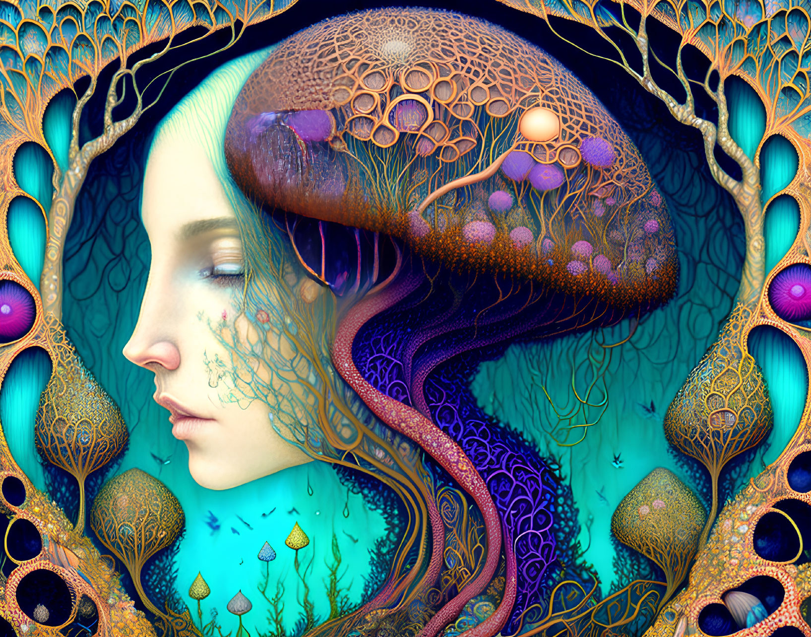 Surreal woman with jellyfish-like structure in vibrant blue and gold tones