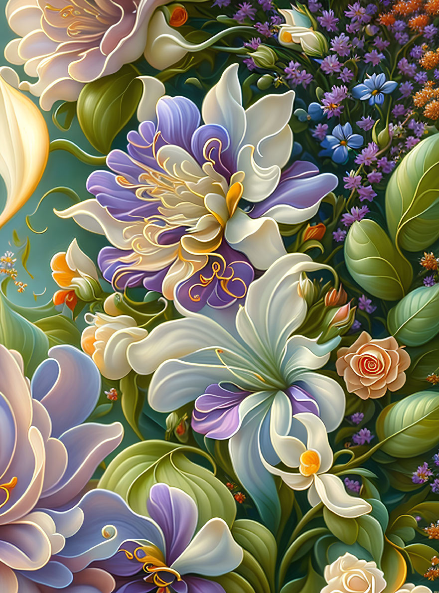 Colorful digital painting of stylized blooming flowers in purple, white, orange, and green