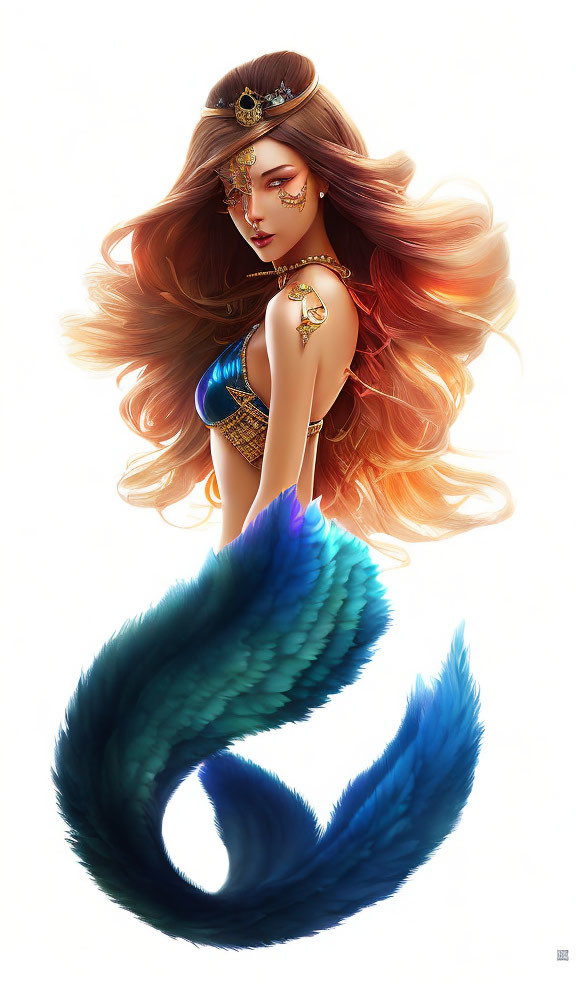 Mermaid illustration with auburn hair and golden jewelry