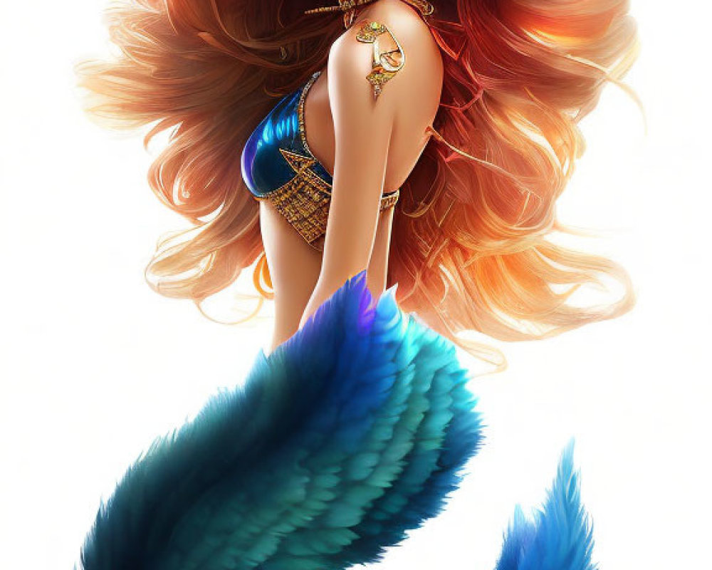 Mermaid illustration with auburn hair and golden jewelry