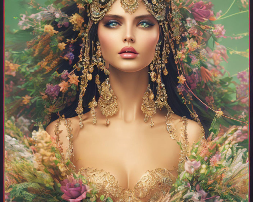 Portrait of woman with blue eyes, gold headpiece, and flowers