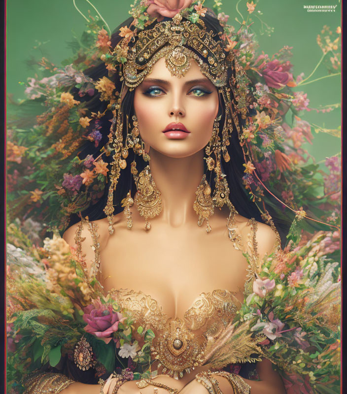 Portrait of woman with blue eyes, gold headpiece, and flowers