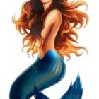 Mermaid illustration with auburn hair and golden jewelry