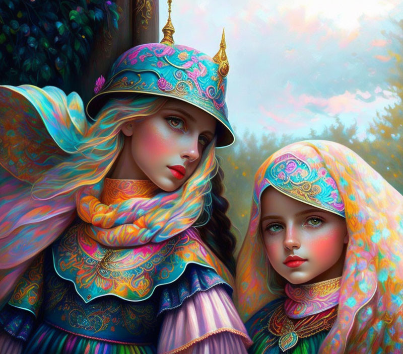 Two women in opulent, medieval-style attire with ornate headdresses and colorful patterns.