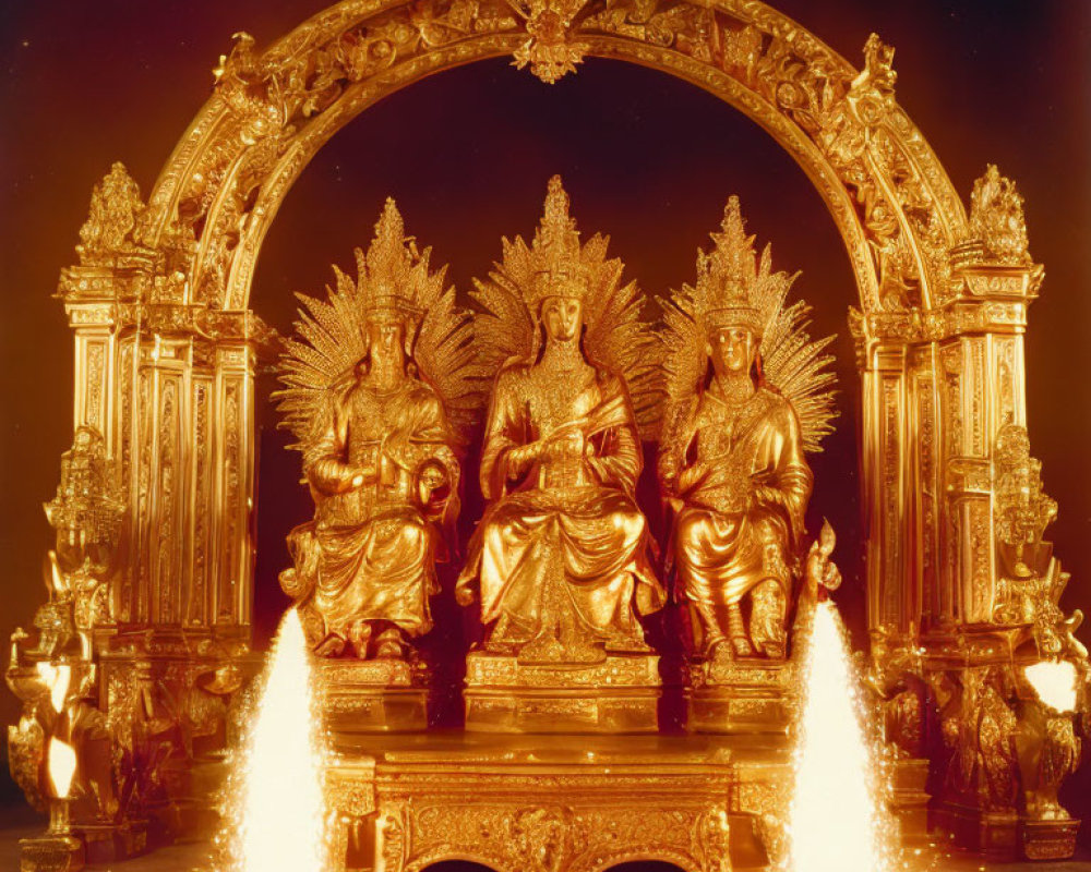 Golden Seated Figure Sculpture with Attendants in Elaborate Archway