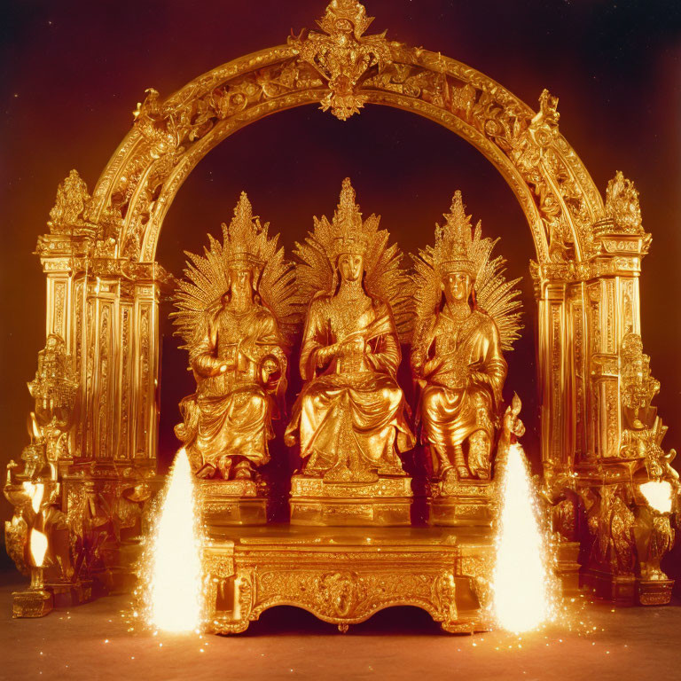 Golden Seated Figure Sculpture with Attendants in Elaborate Archway