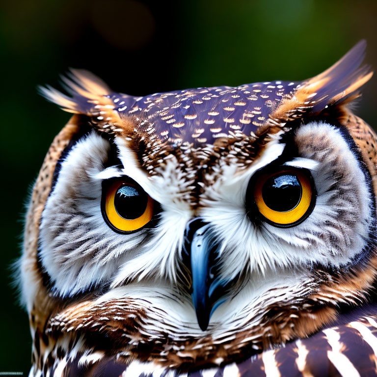 Brown and White Owl with Orange-Yellow Eyes and Tufted Ears on Green Background