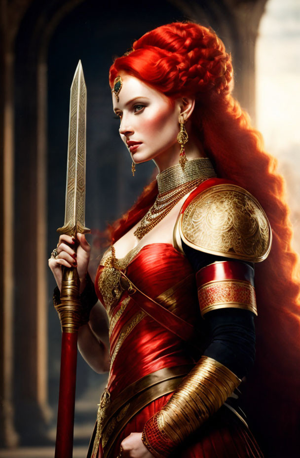 Regal woman with red hair in gold armor holding a spear