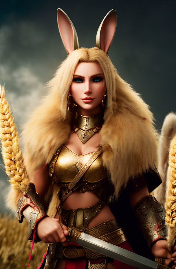 Fantasy character with rabbit ears in golden armor holding a sword