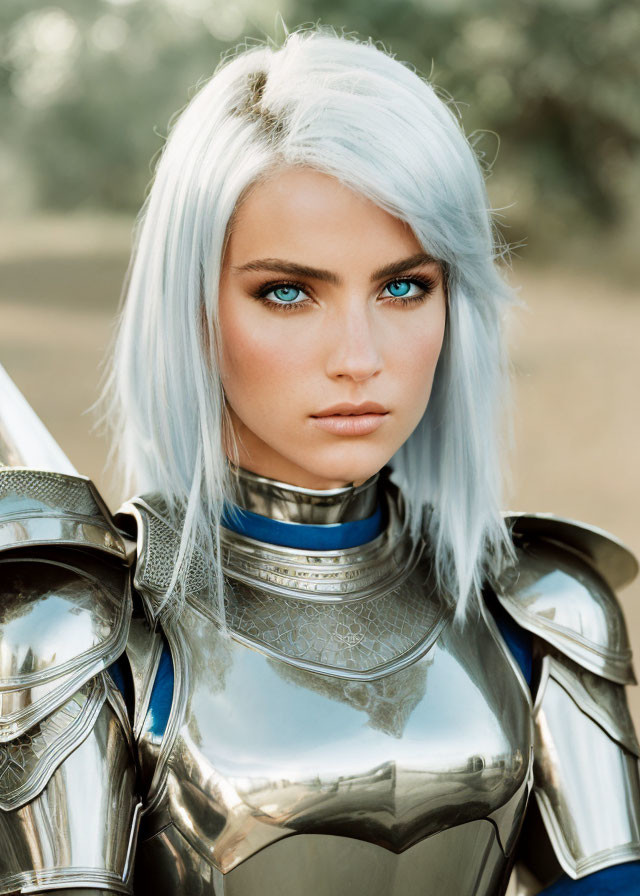 Blue-eyed person in silver armor with pale blue hair, focused gaze on camera